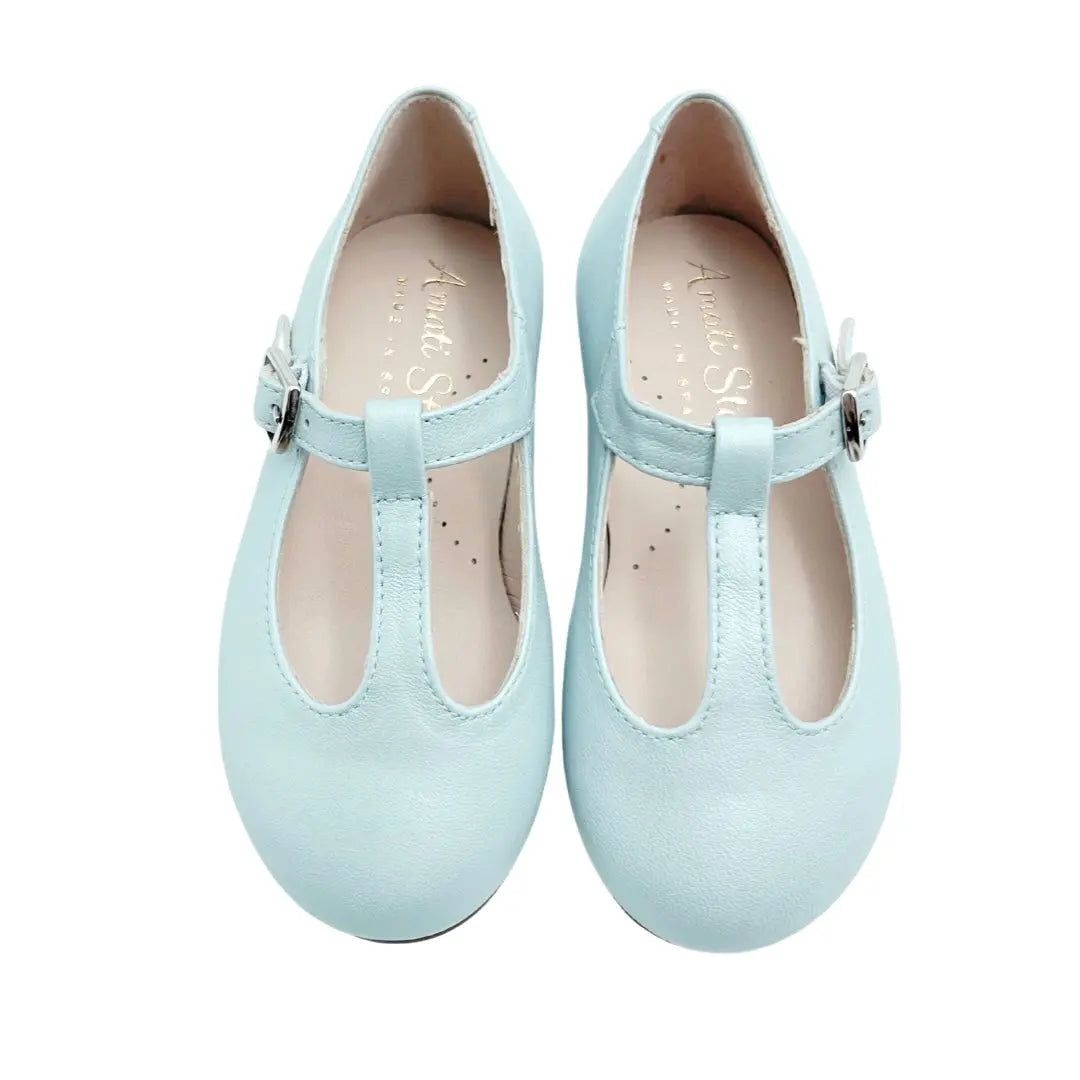 Adele- Light Blue T-Bar Leather Shoes - Amati Steps