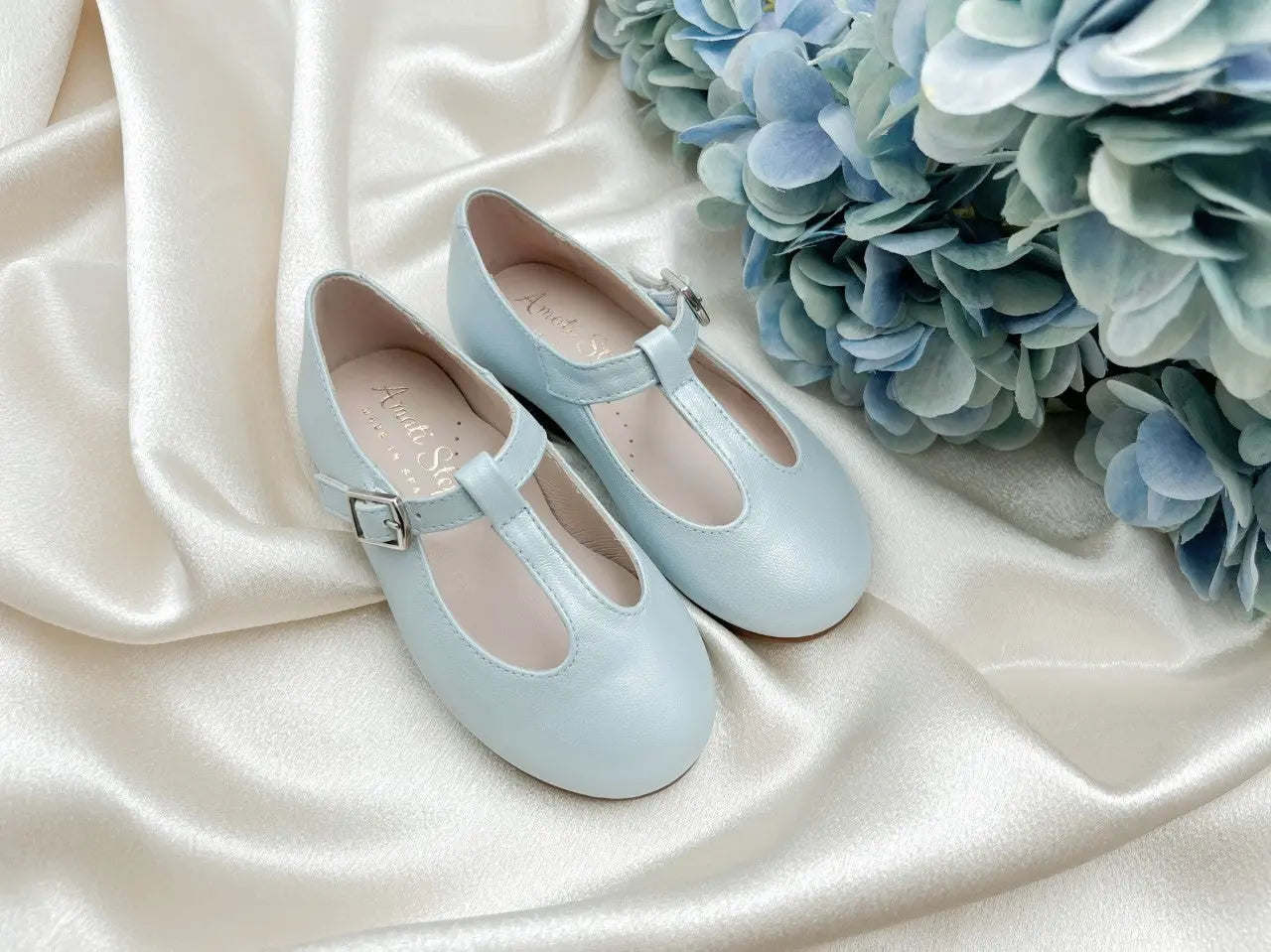 Adele- Light Blue T-Bar Leather Shoes - Amati Steps