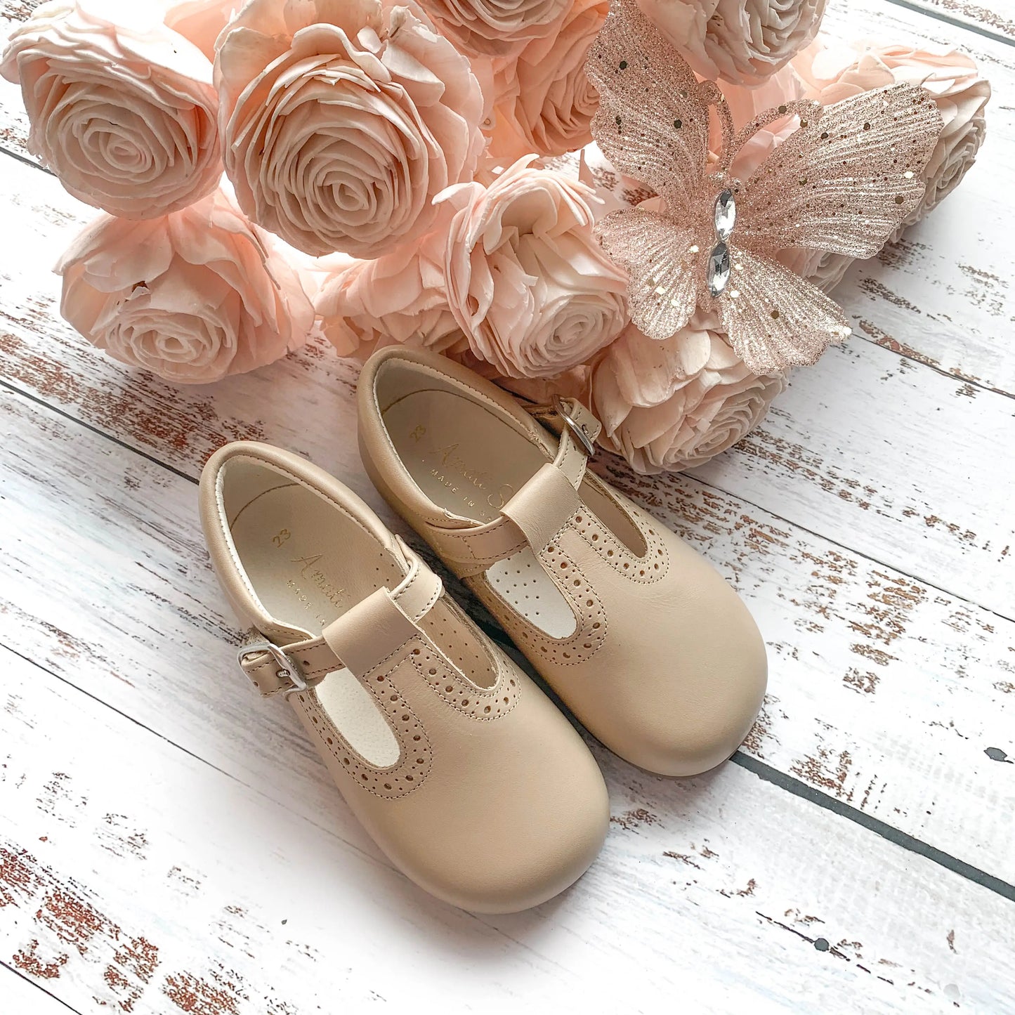 Antonio - Beige Leather T-Bar Shoes - Amati Steps