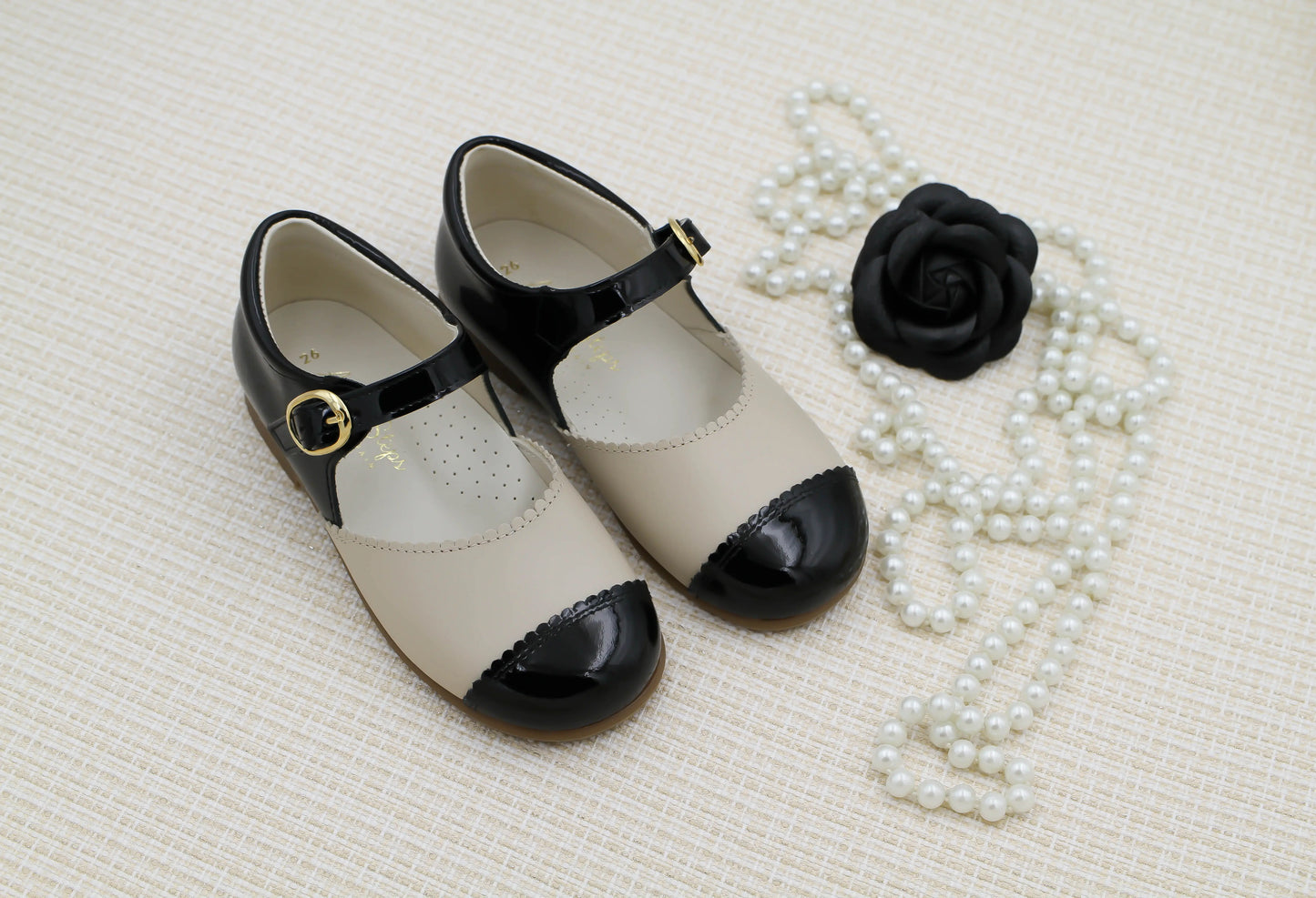 Coco- Light Beige/Black Leather Mary Jane Shoes - Amati Steps