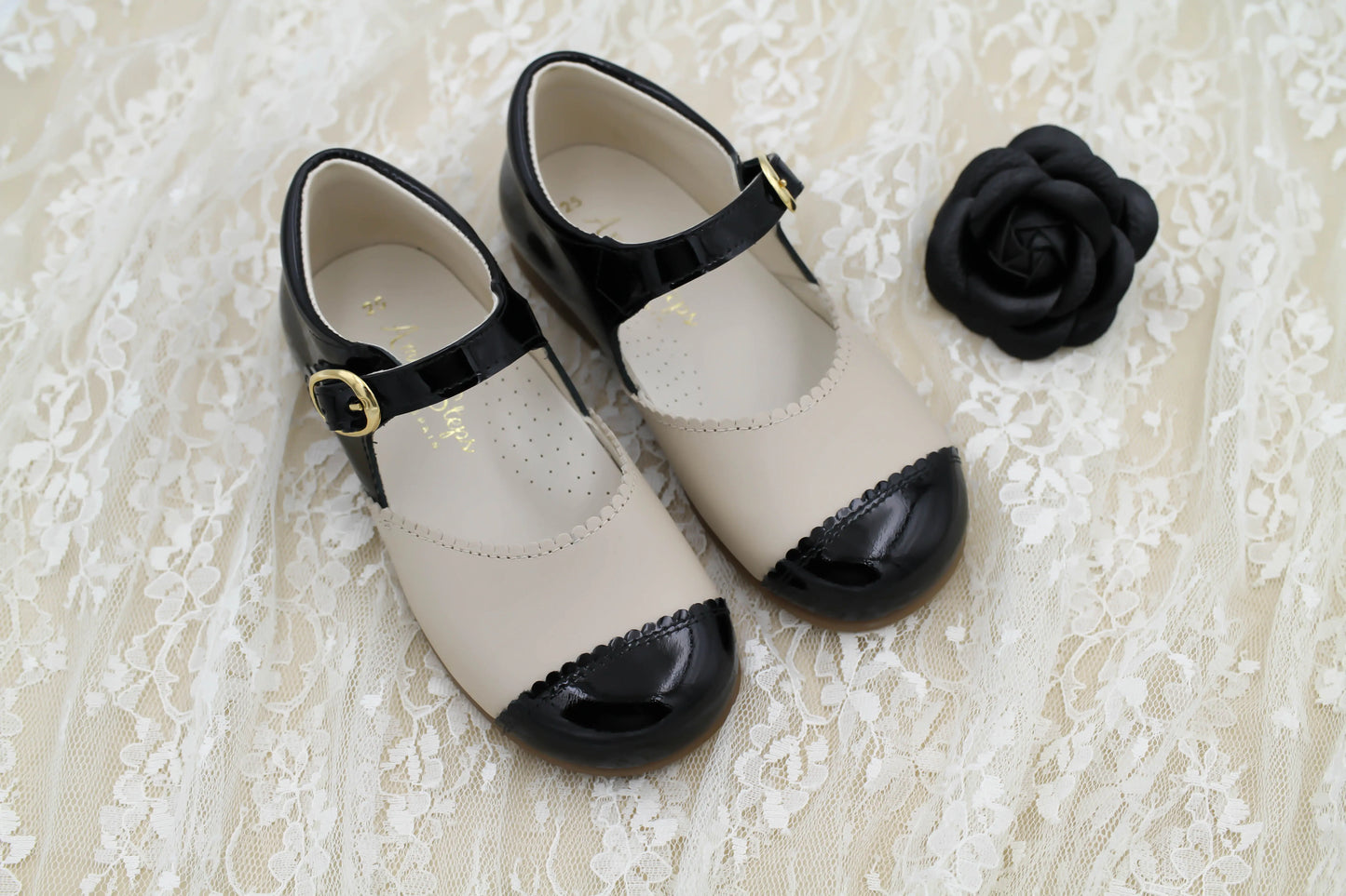 Coco- Light Beige/Black Leather Mary Jane Shoes - Amati Steps