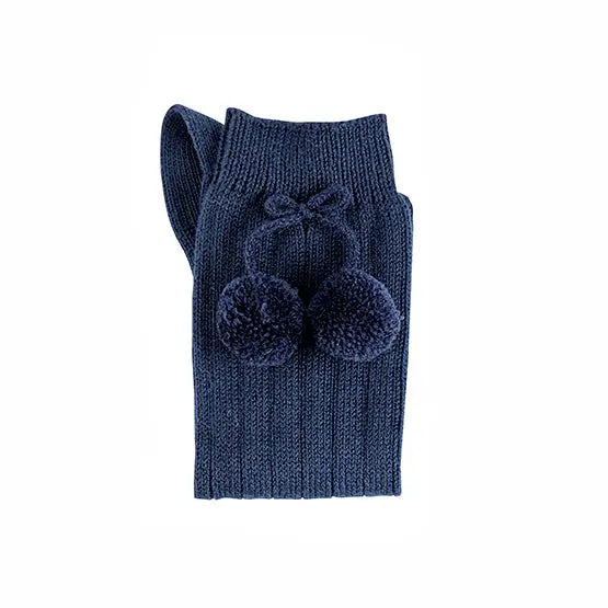 CÓNDOR Warm Cotton Rib Knee-High Socks With Pompoms- Navy - Amati Steps