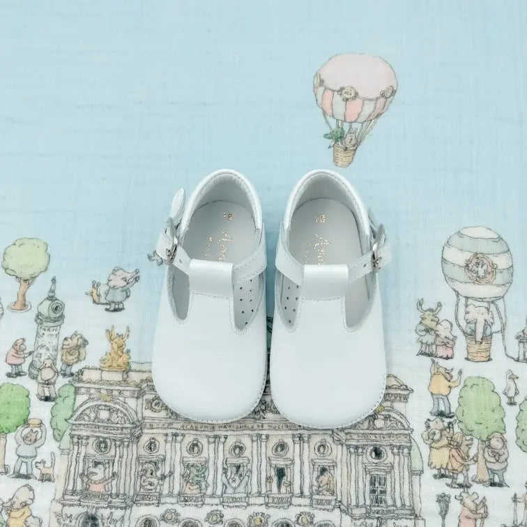 Charlie- White Leather Baby T-Bar Shoes - Amati Steps
