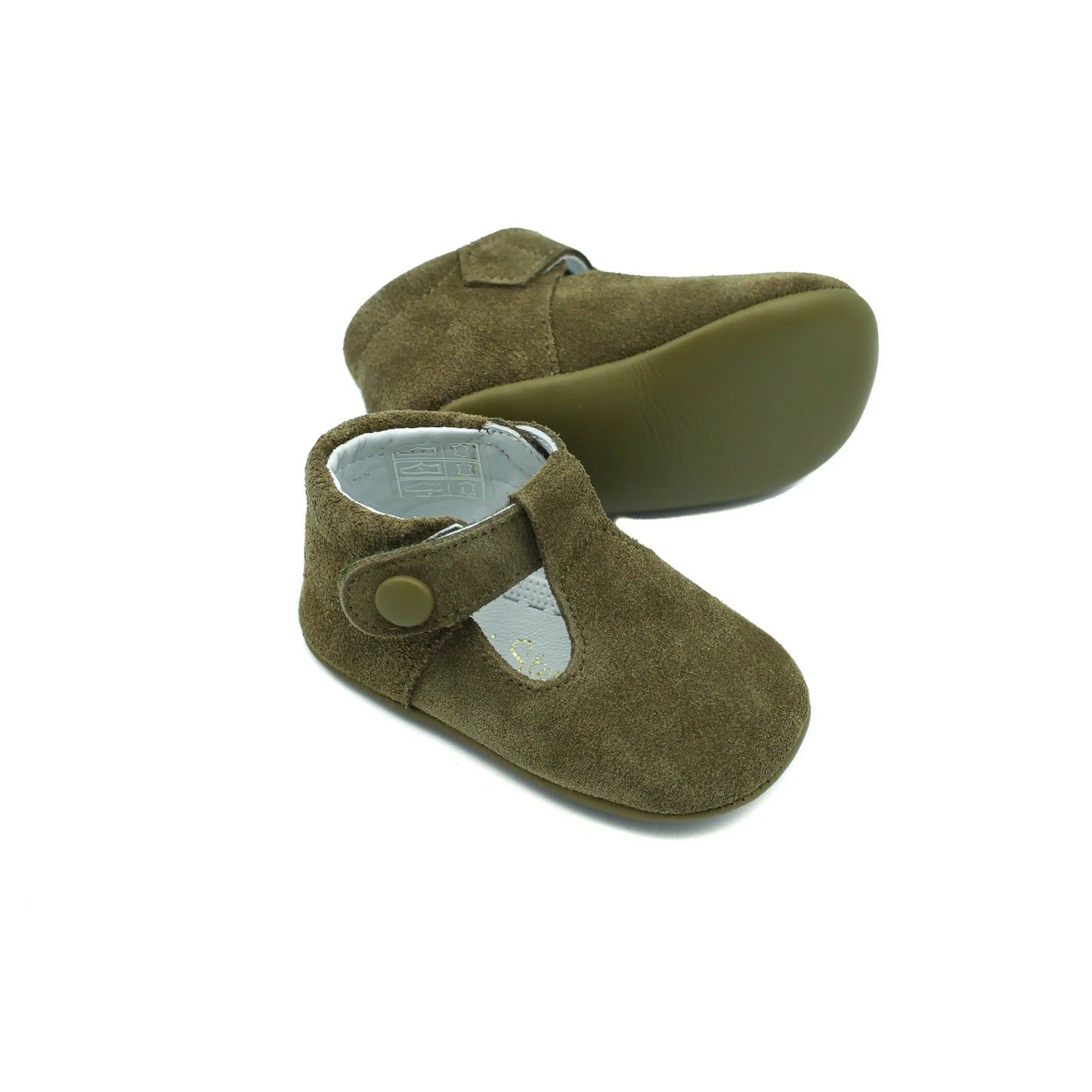 Nikolas- Olive Green Suede T-Bar Baby Shoes - Amati Steps