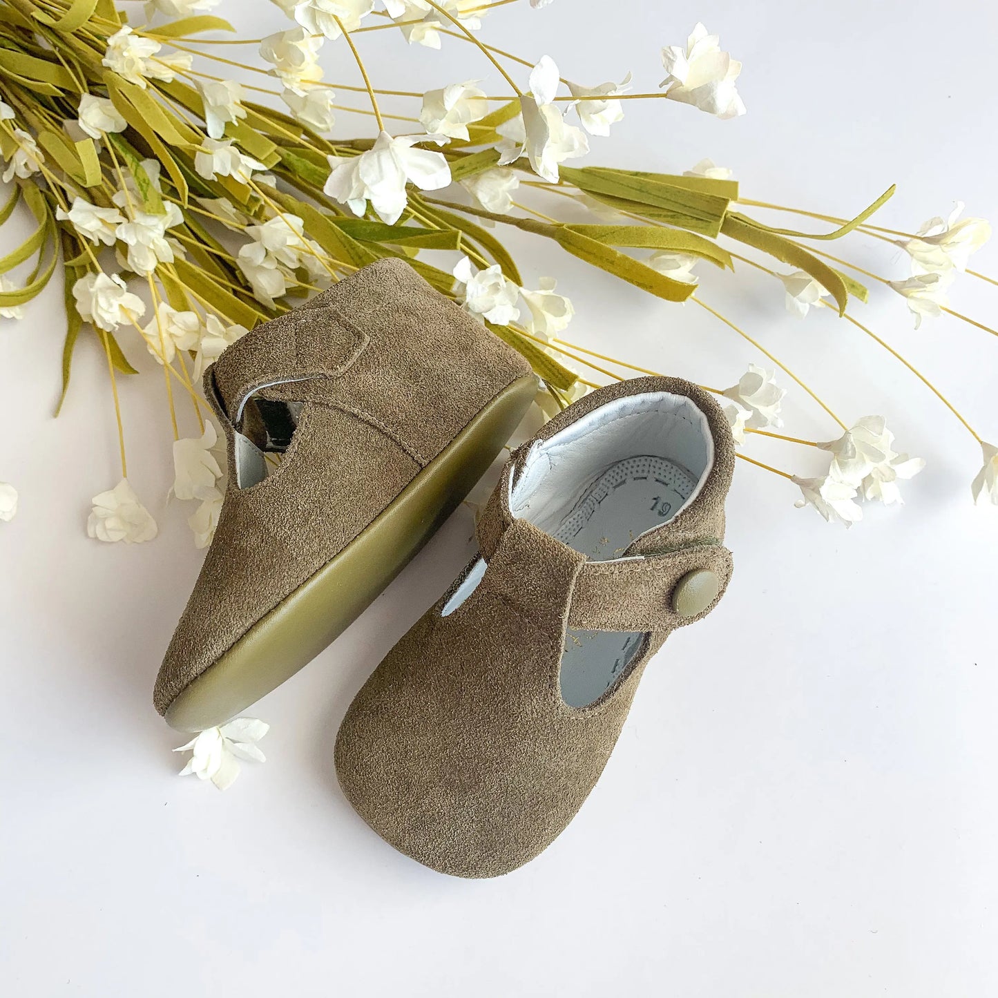 Nikolas- Olive Green Suede T-Bar Baby Shoes - Amati Steps
