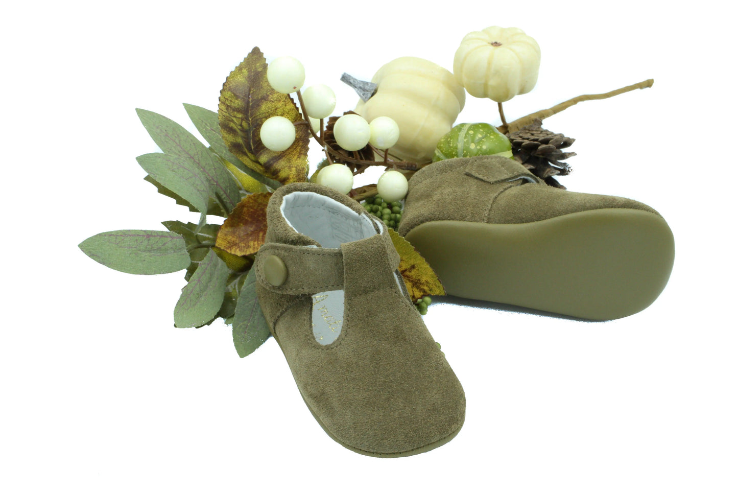 Nikolas- Olive Green Suede T-Bar Baby Shoes - Amati Steps