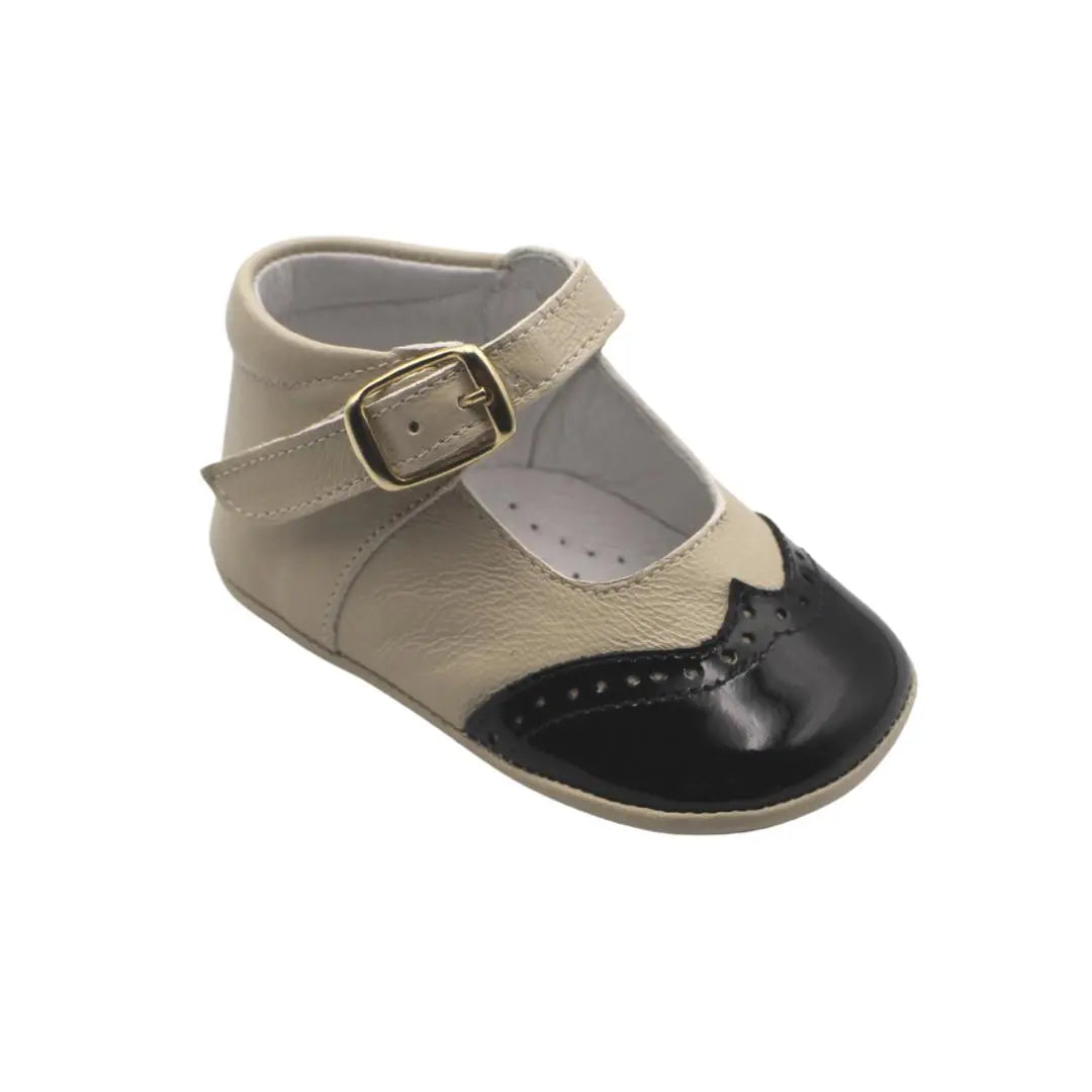 Karolina- Beige/Black Leather Baby Mary Jane Shoes - Amati Steps