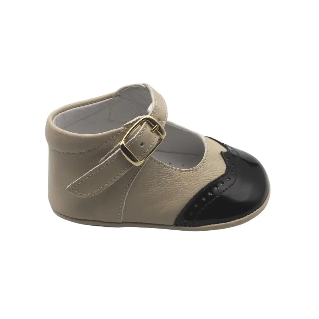 Karolina- Beige/Black Leather Baby Mary Jane Shoes - Amati Steps