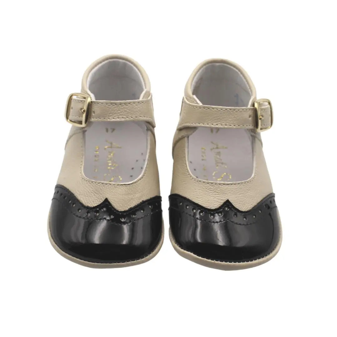 Karolina- Beige/Black Leather Baby Mary Jane Shoes - Amati Steps