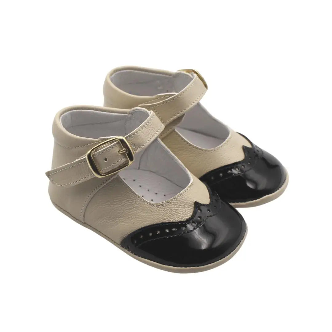 Karolina- Beige/Black Leather Baby Mary Jane Shoes - Amati Steps