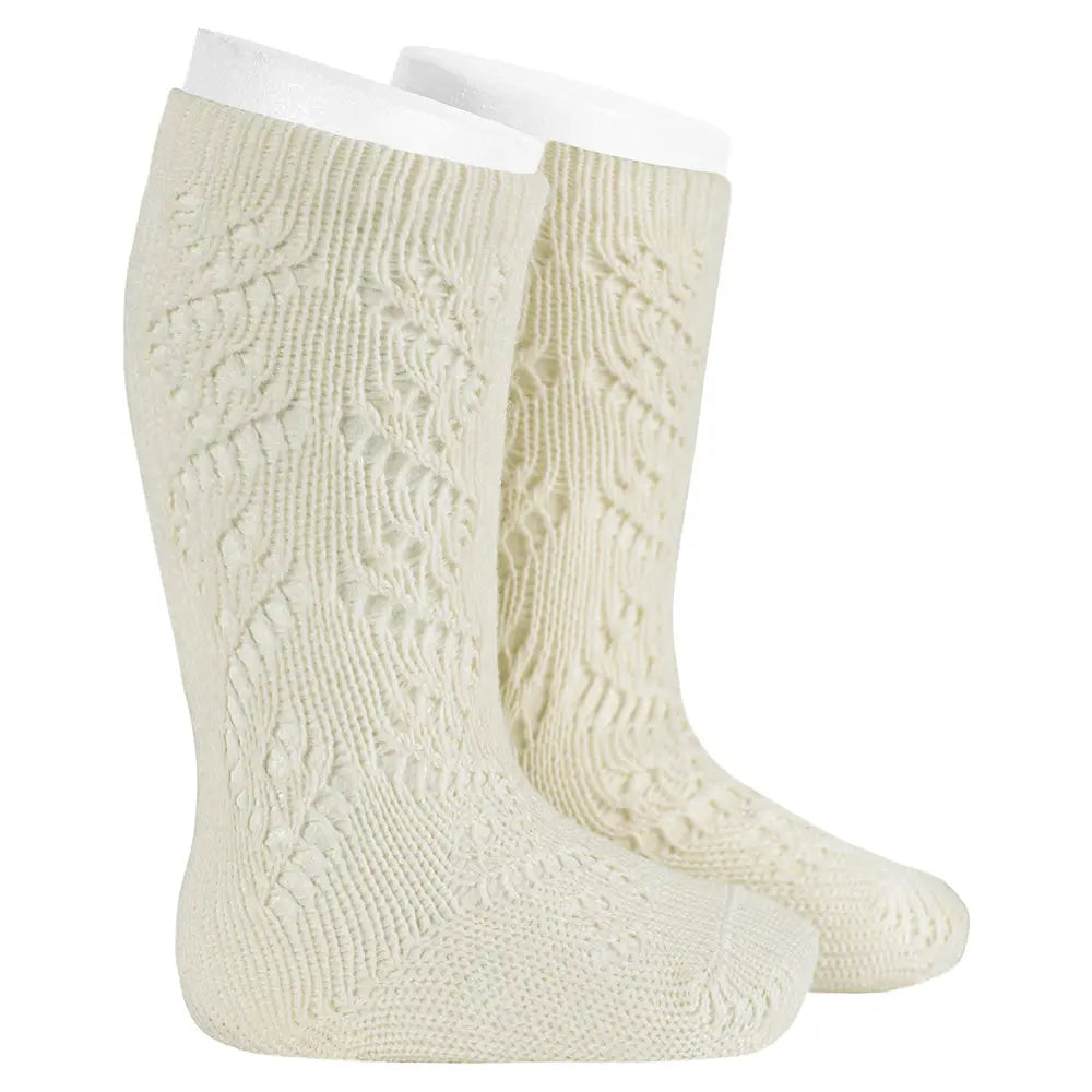 CÓNDOR Merino Wool-Blend Knee Socks With Openwork Hearts- Beige - Amati Steps