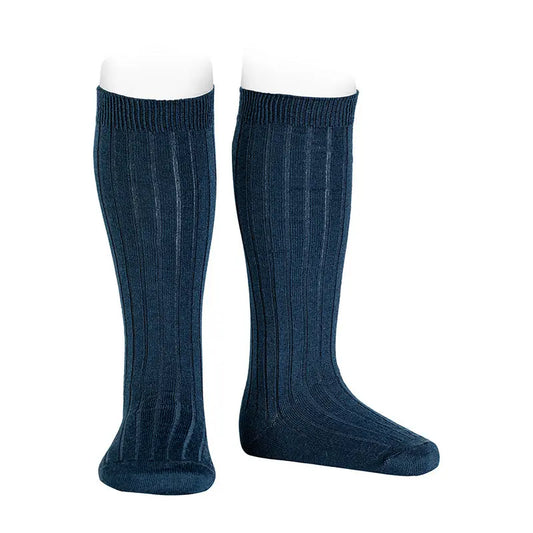 CÓNDOR Merino Wool-Blend Rib Knee Socks- Navy - Amati Steps