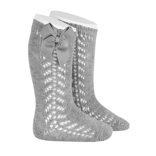 CÓNDOR Side Open Work Warm Cotton Knee Socks With Bow- Aluminum Grey - Amati Steps