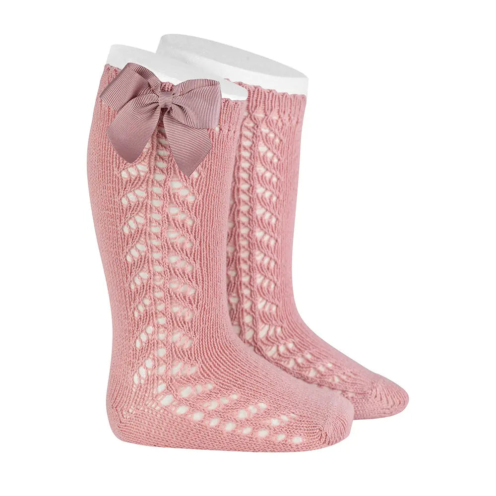 CÓNDOR Side Open Work Warm Cotton Knee Socks With Bow- Pale Pink - Amati Steps