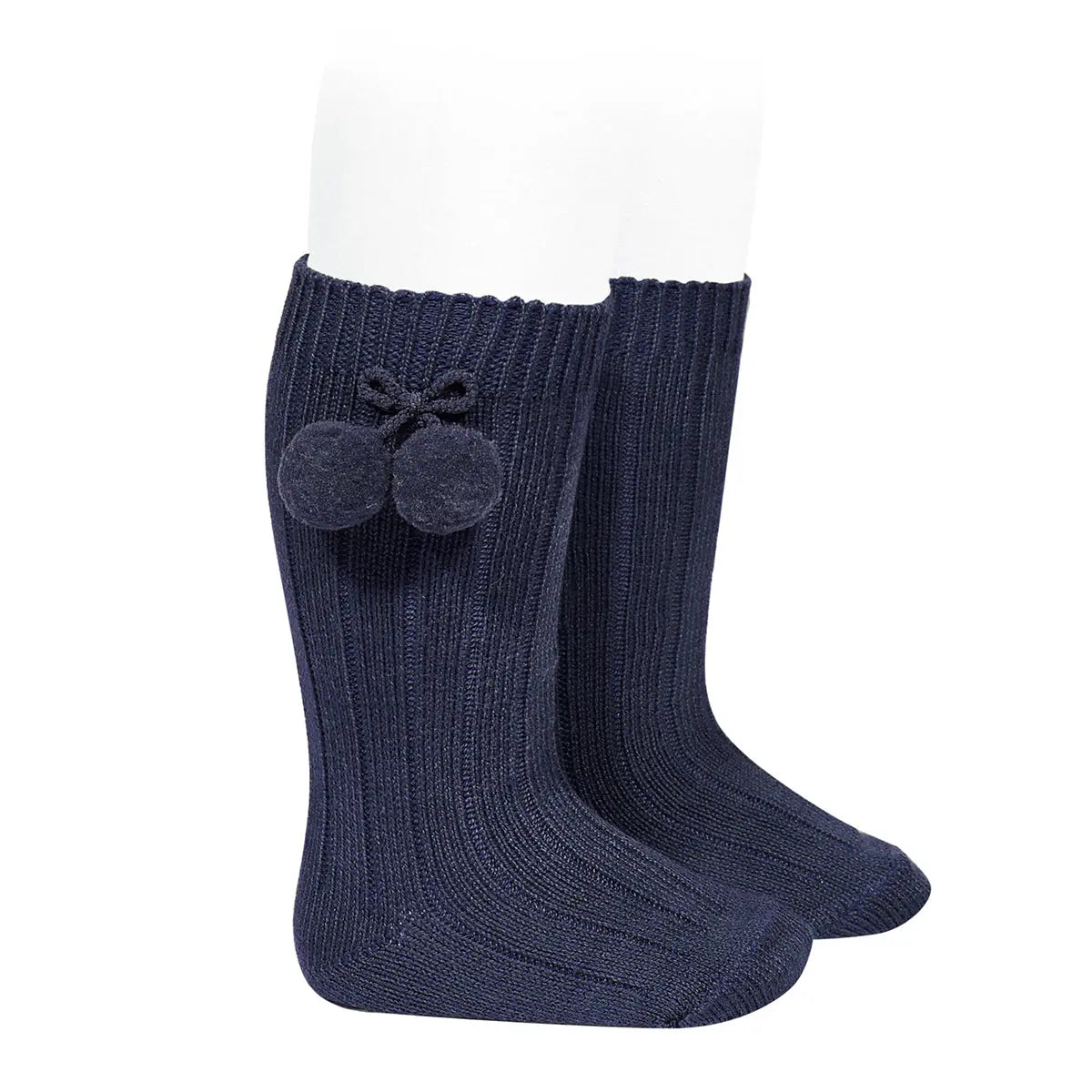 CÓNDOR Warm Cotton Rib Knee-High Socks With Pompoms- Navy - Amati Steps