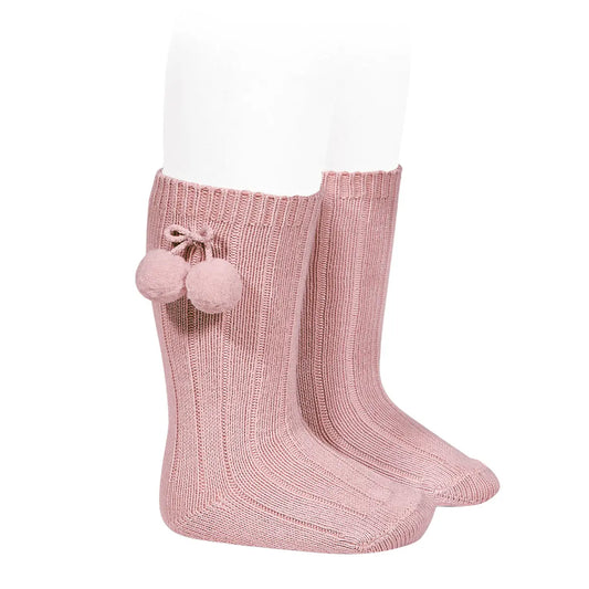 CÓNDOR Warm Cotton Rib Knee-High Socks With Pompoms- Pale Pink - Amati Steps