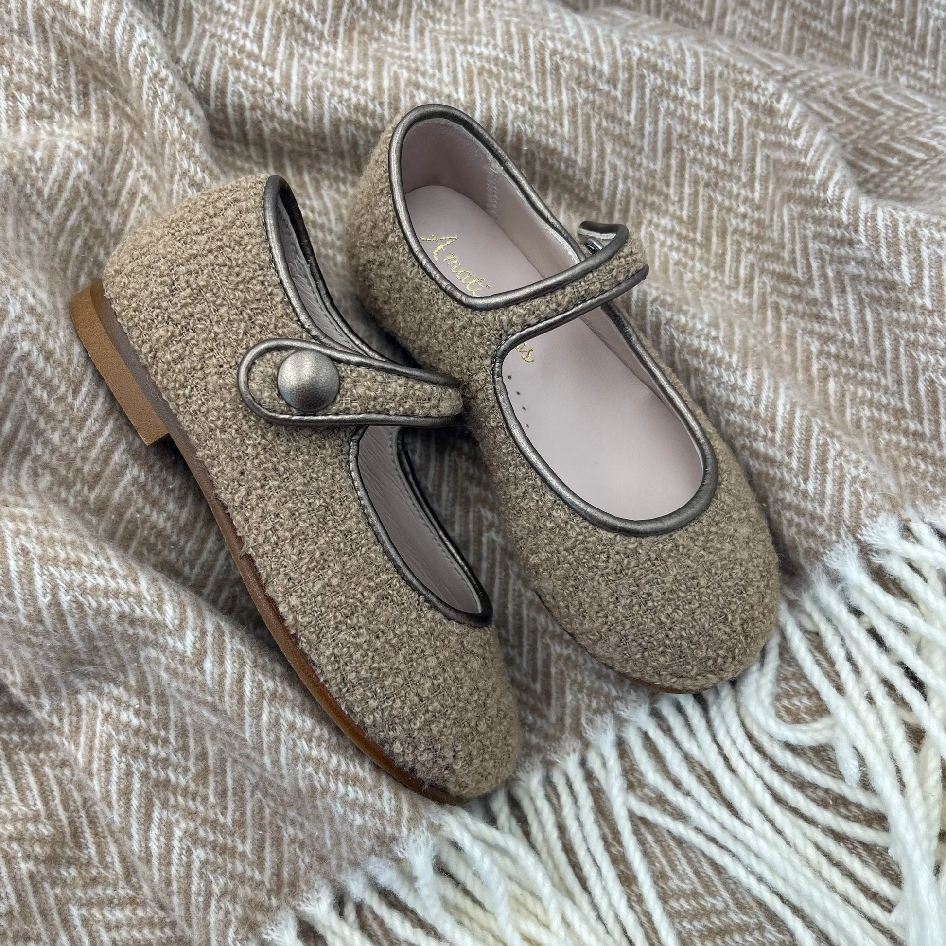 Charlotte- Taupe Bouclé Mary Jane Shoes - Amati Steps