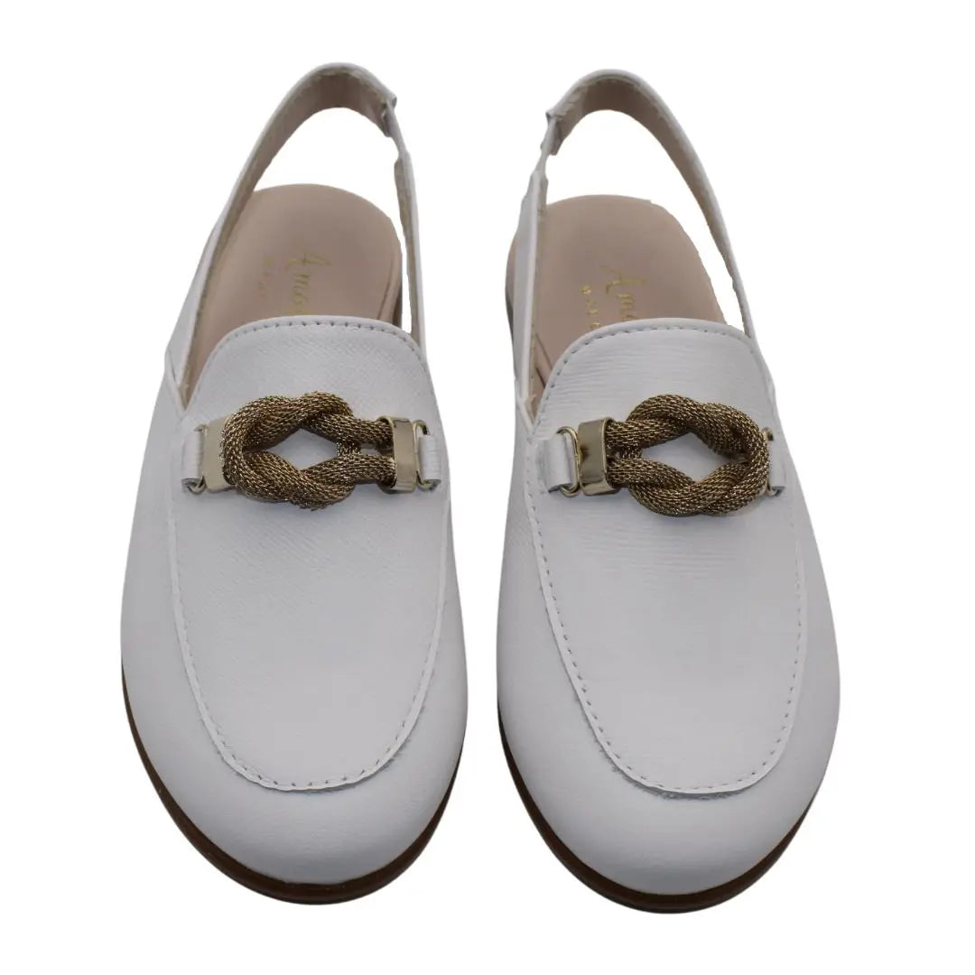 Mila- White Leather Slingback Loafer Shoes - Amati Steps