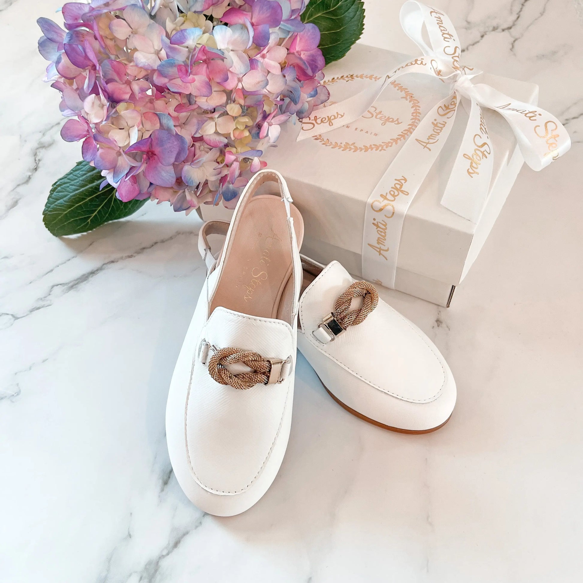 Mila- White Leather Slingback Loafer Shoes - Amati Steps