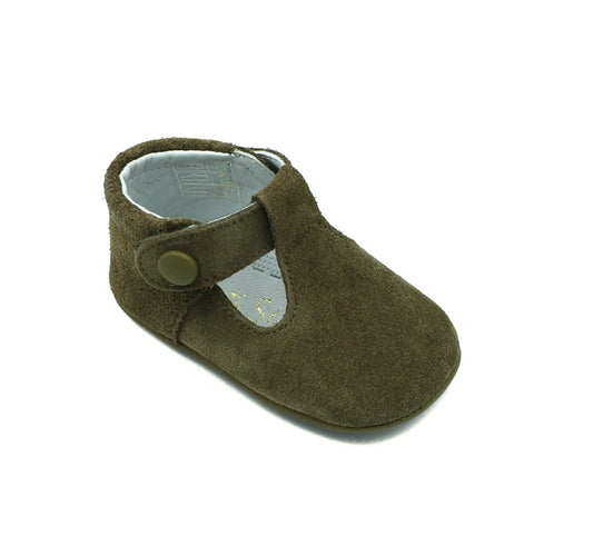 Nikolas- Olive Green Suede T-Bar Baby Shoes - Amati Steps